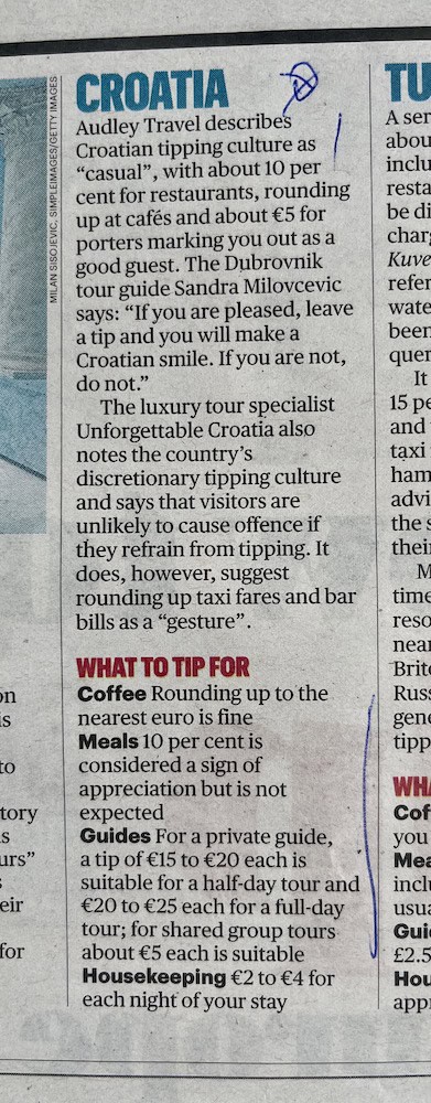 Press coverage on Croatia, May 2024 - The Sunday Times on Tipping in Croatia