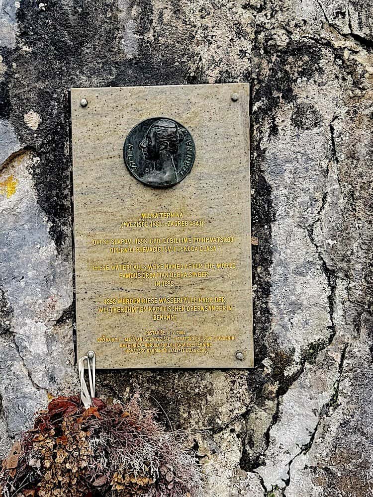 Milka Ternina plaque in the Plitvice Lakes National Park