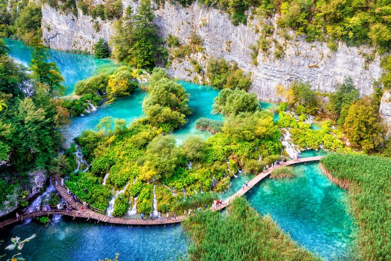 Hiking in the Plitvice Lakes - An aerial shot of one of the walkways in the National Park