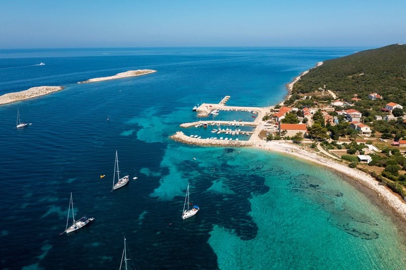 An aerial view of the main harbour on Premuda